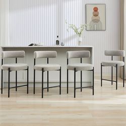 24'' Boucle Bar Stools Set of 4, Grey Bar Stools with Backs, Counter Height Bar Height Stools for Kitchen Island, Upholstered Bar Chairs