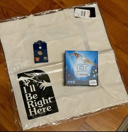 NEW E.T.the Extra-Terrestrial three-piece pin set from Universal Studios, Shuffle Games Retro E.T Phone Home Card Game, and reusable tote 