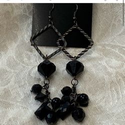 Very long plastic black bead and metal dangle earrings # 0959 preowned   #long #dangle #earrings #gothic