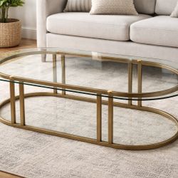 Mid Century Modern Brass & Glass Oval Coffee Table – Hollywood Regency Style