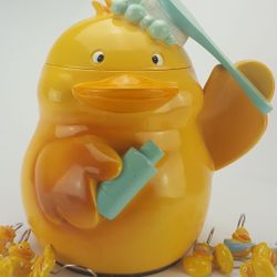 CERAMIC RUBBER DUCKY KIDS WASTE BASKET AND SHOWER CURTIAN HOLDERS