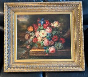 Oil Painting, Romantic Floral Still Life by O. Mancini, Carved Gilt Frame, 32×28.5”