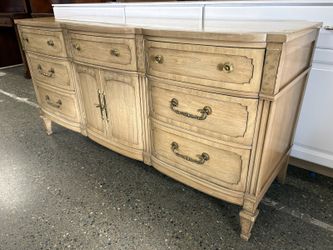 Vintage Muted Beige Wood French Provincial 9-Drawer Low Dresser