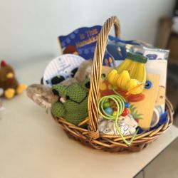 “Assorted vintage baby shower basket creation”