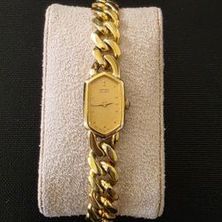 VTG Seiko 2E20-5369 Cuban Link Bracelet Gold Tone 13mm Watch  Hexagon Dial Works