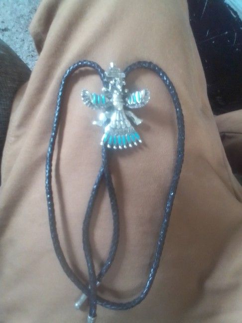 Vintage Indian Night Wing Navajo Talisman And Leather Bolotie