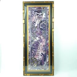 Contemporary Golden Asian Painting Print Embossed Multcolor Glass Frame