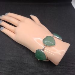 💚 925 Sterling Silver Green Jade Heart Bracelet 7-8" Adjustable Gemstone