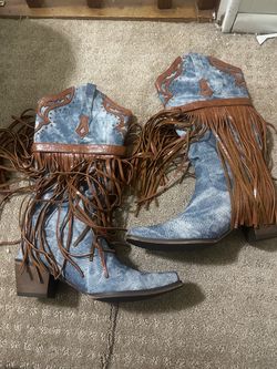 Denim Fringe Western Cowboy  cowgirl Boots