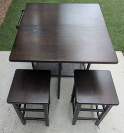 Space-Saving Folding Table with 2 Stools – Dark Wood