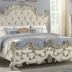 Brand New Antique White Bed with Elaborate Scrolled Carvings