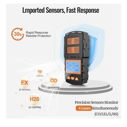 4 Gas Monitor Multi Gas Detector for H2S, CO, LEL, and O2, Triple Alarm Modes (Visual, Vibration, Sound), 0.5s Fast Response, Dust and Explosion Proof