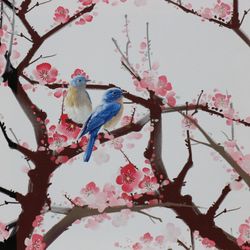 Bluebirds on peach tree, traditional Chinese painting print