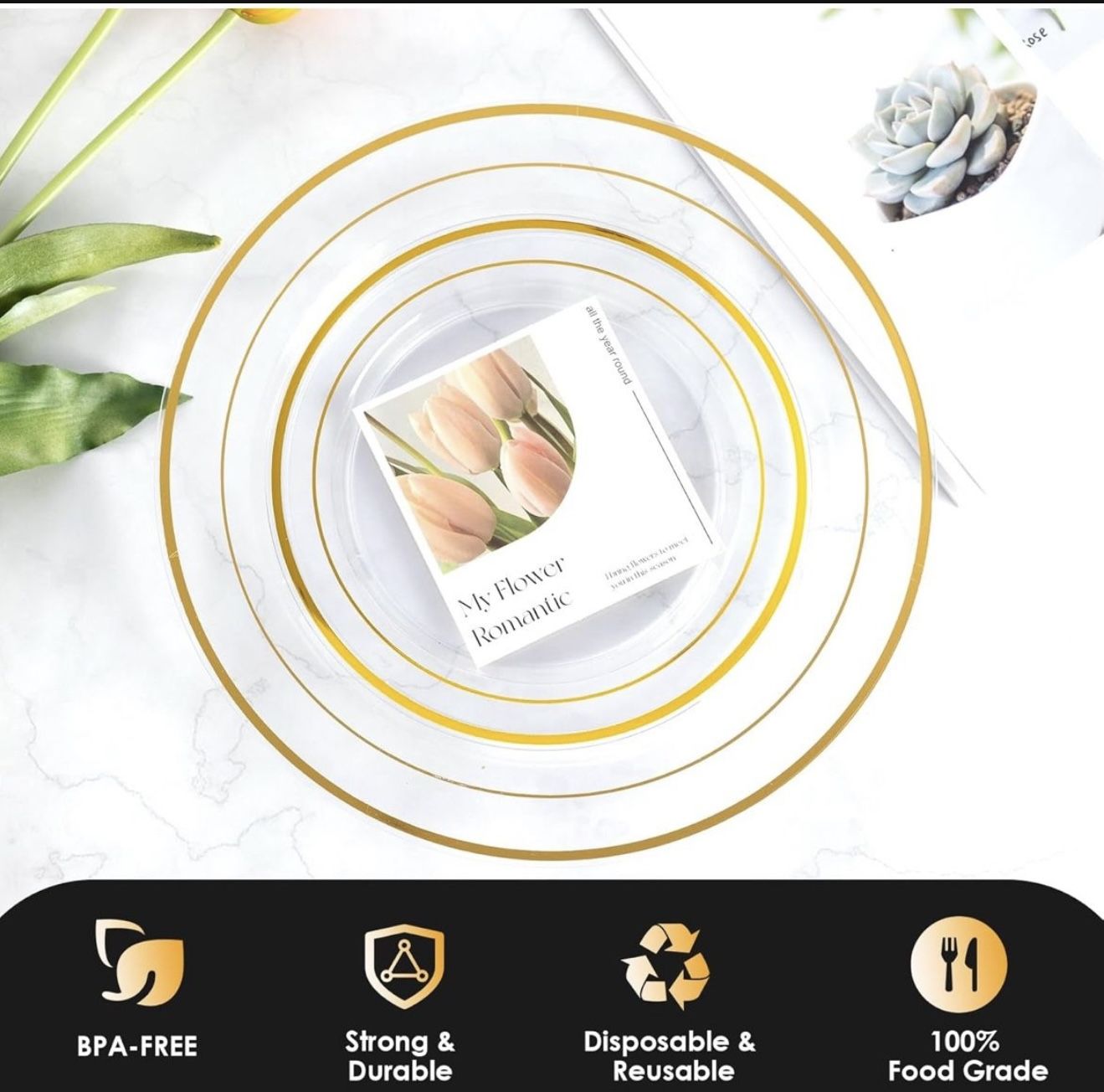102PCS Clear Plastic Plates with Gold Rim