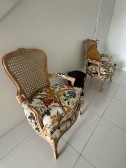 1912 Pair of Antique French Provincial Cane Back Armchairs with Floral Upholstery