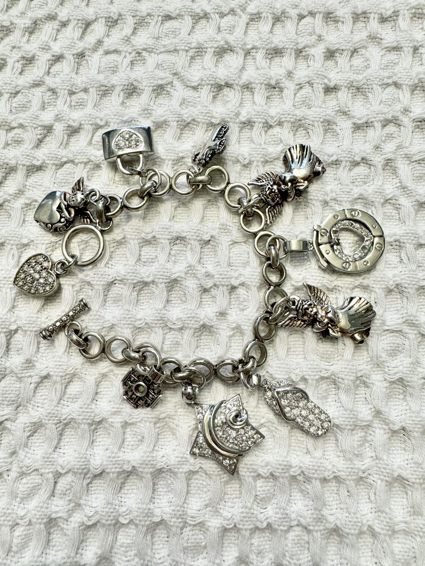 Charms Bracelet Silver .925 Angels & Hearts Size 7”
