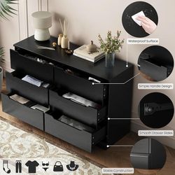   black Dresser for Bedroom, 6 Drawer Dresser, Modern Chests of Drawers with Deep Drawers and Handleless for Living Room, Hallway, Entryway  
