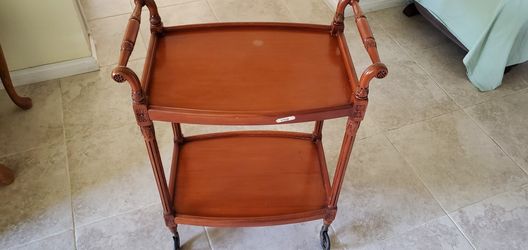 Vintage Wooden Tea Cart With Brass Casters