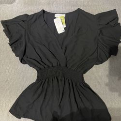 Women’s Black Ruffle Sleeve Peplum Top – Dressy/Casual – New