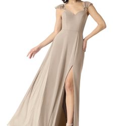 Azazie Everett Taupe A-Line V-neck Ruched Chiffon Dress
