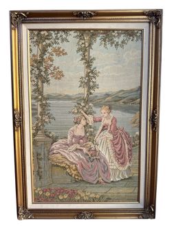 Vintage Framed Gobelin Tapestry – Romantic European Scene