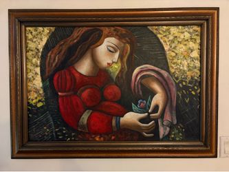 Large Framed Renaissance Style Painting - Textured Canvas Art Woman"