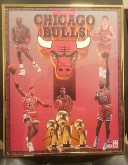 CHICAGO BULLS THREE PEAT POSTER WITH FRAME AND 6 MICHAEL JORDAN PICTURES FROM A MAGAZINE
