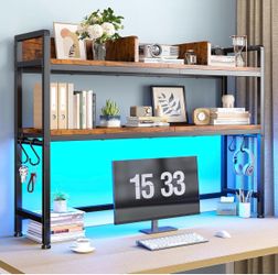 REIBII 2-Tier Desk Shelf, LED, Bedroom and Home Office, Rustic Brown Students & Renters, Wood & Steel, Holds 44 lbs & 33 lbs per Tier, Adjustable Shel