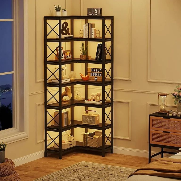7-Shelf Corner Bookshelf,Large Modern Corner Bookcase with Metal Frame for Living Room Home Office