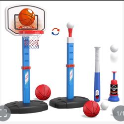 HYES 2 In 1 Kids Basketball Hoop And T Ball Set - Adjustable Height, Kids Baseball Tee With Automatic Pitching Machine, Indoor Outdoor Sport Toys Gift