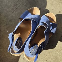 Clarks Collection turquoise blue leather cork wedge sandals