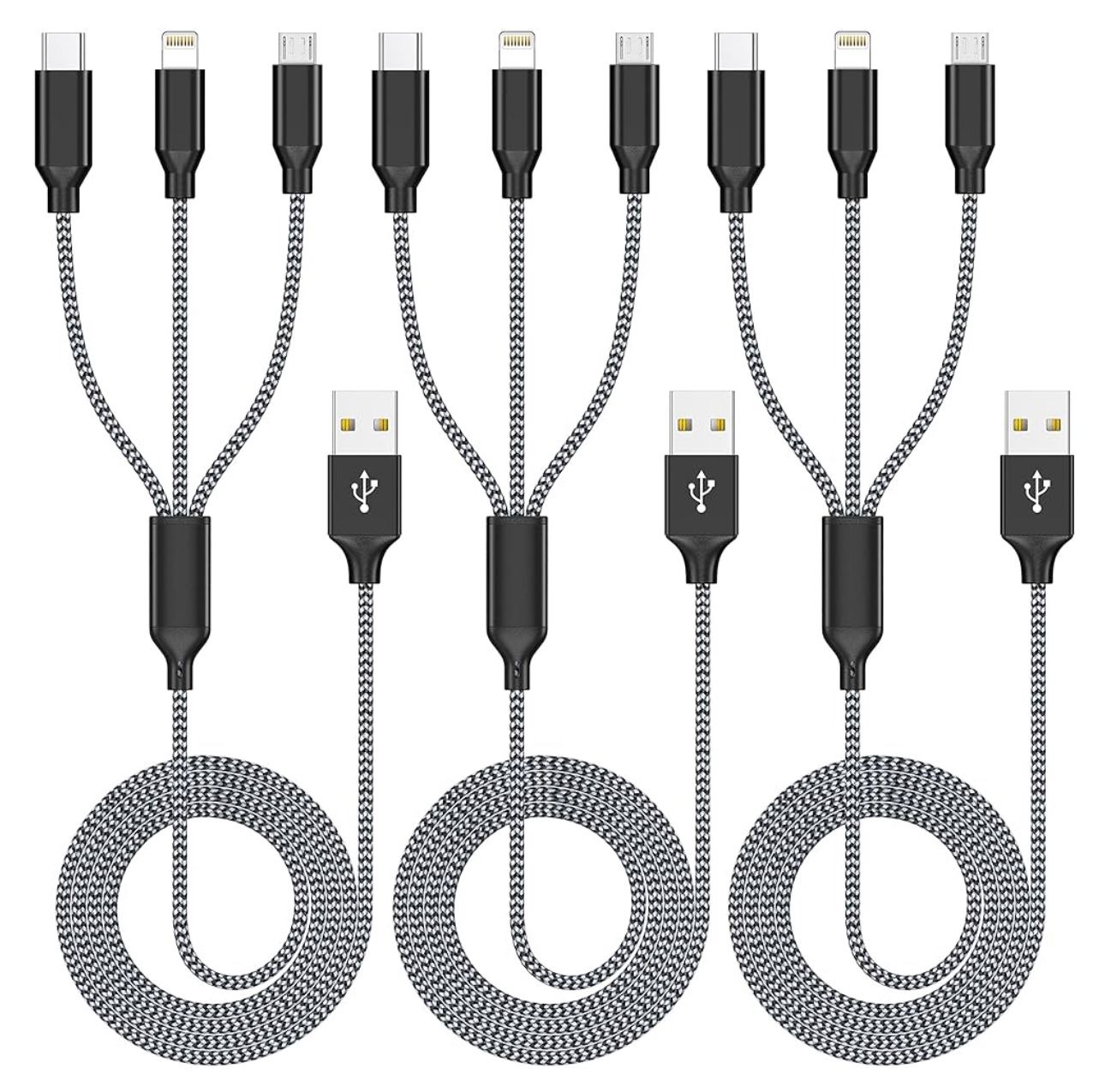 (NEW) Multi Charging Cable 4ft 3Pack 3 in 1 Charger Cord, Multiple Rapid Nylon Braided Cable USB Charging Cable Multi Phone Charger Cord with Type C M