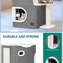 Cat House, Indoor Cat Cave Bed Playhouse, Cat Tunnels with Scratch Pad and Hideaway Cube, Cute Modern Cat Condo Furniture for Multi Small 