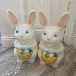 Pair Of Empire Easter Bunny Blow Molds Holding  Basket Of Colorful Eggs No Bulbs