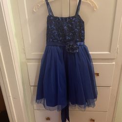 Dark Blue Spaghetti Strap Party Dress With Sequin Bodice And Full Skirt With Silk/Satin Ribbon Belt And Removable Flower
