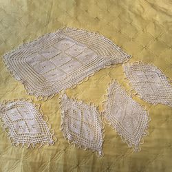 5 Handmade Crochet Cotton Lace Table Placemats, Doilies,