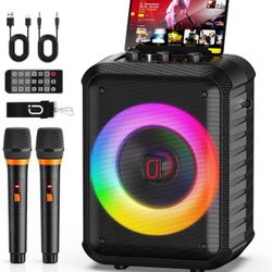 Karaoke Machine, Portable Bluetooth Speaker with 2 Wireless Microphones, RGB Lights, Echo, 30W 5.25" Woofer, Rechargeable, AUX/USB/TF, Mic In, for Adu