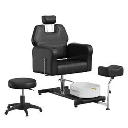 Reclining Pedicure Chair with Stool, 360 Swivel Massage Foot Bath Hydraulic Pedi Chair, Height Adjustable Pedicure Unit Station