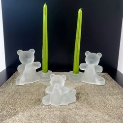Three Frosted Glass Teddy Bear Christmas Candle Holder. Adorable Collectible T. Bears & Candle Holder Made in Taiwan From Frosted Glass / Miami 33182