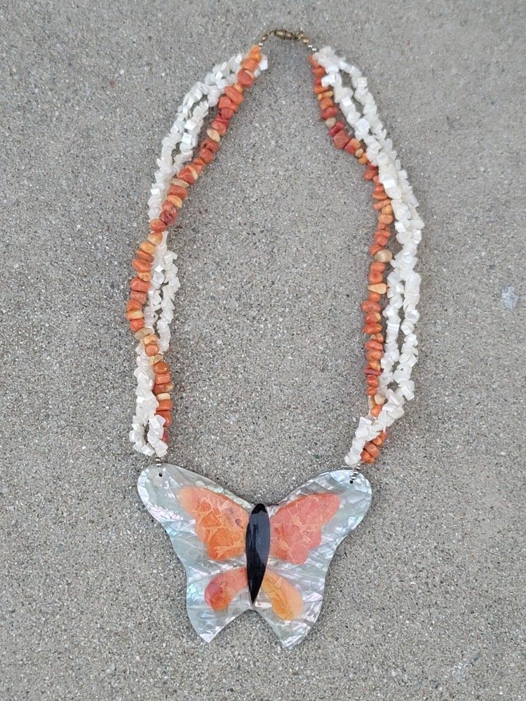 Vtg Abalone Coral Large Butterfly Pendant Necklace