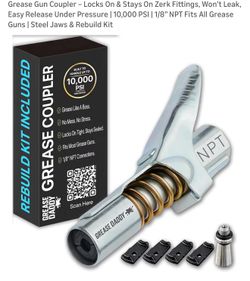 Grease Gun Coupler – Locks On & Stays On Zerk Fittings, Won’t Leak, Easy Release Under Pressure | 10,000 PSI | 1/8” NPT Fits All Grease Guns | Steel J