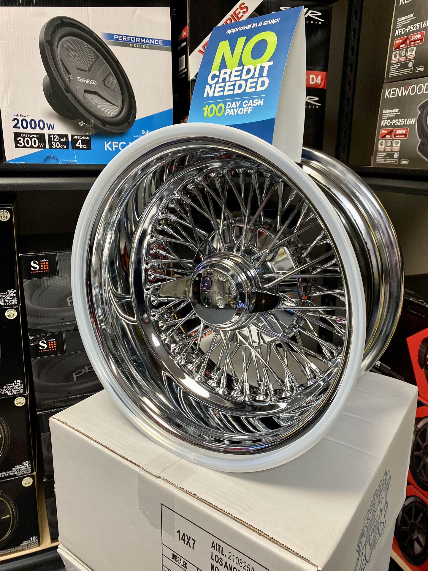 New (4) 14x7” inch 72 Spoke Cross Lace Triple Chrome Wire Wheels Rims w/ Accessories SALE $999 (No Credit Easy Financing} 🤑 🔥
