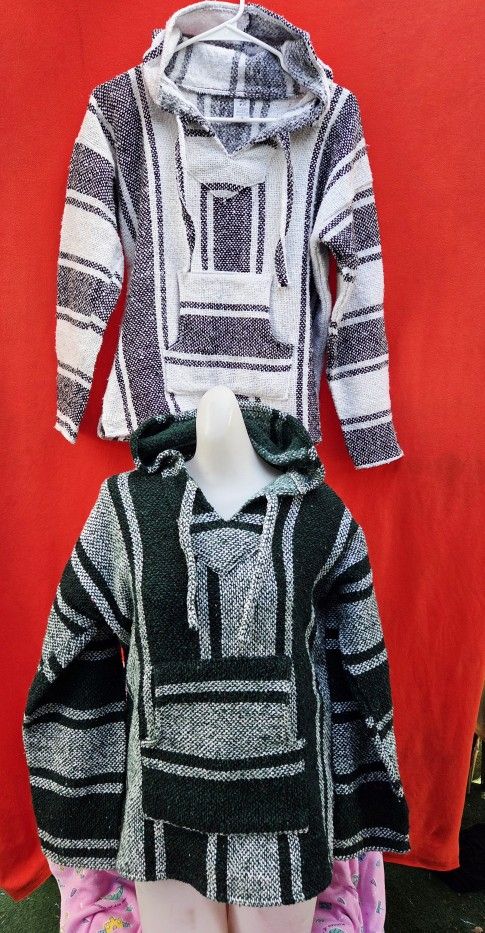 Vintage Lot Of  Two Mexican Green/ White Knit Poncho Hoodie Pullover Rug Size Medium

