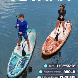 CETANA 11'6×35" Extra Wide Inflatable Paddle Board/Stand Up Paddle Board Up To 450lb Capacity with Safety Leash - 3 Removable Fins & Floating Paddle