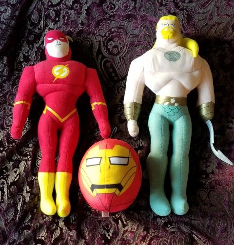 $15 Superhero Plush Dolls- The Flash 16", Aquaman 16", Ironman 6" with hanging knot