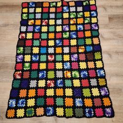 Granny Square Afghan "Roseanne" Wool Crochet 58 x 41 Throw VTG Cottagecore