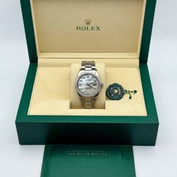 1980s Rolex Datejust 36mm 36 MOP 14k white gold diamond dial diamond bezel stainless steel oyster bracelet watch box & appraisal papers