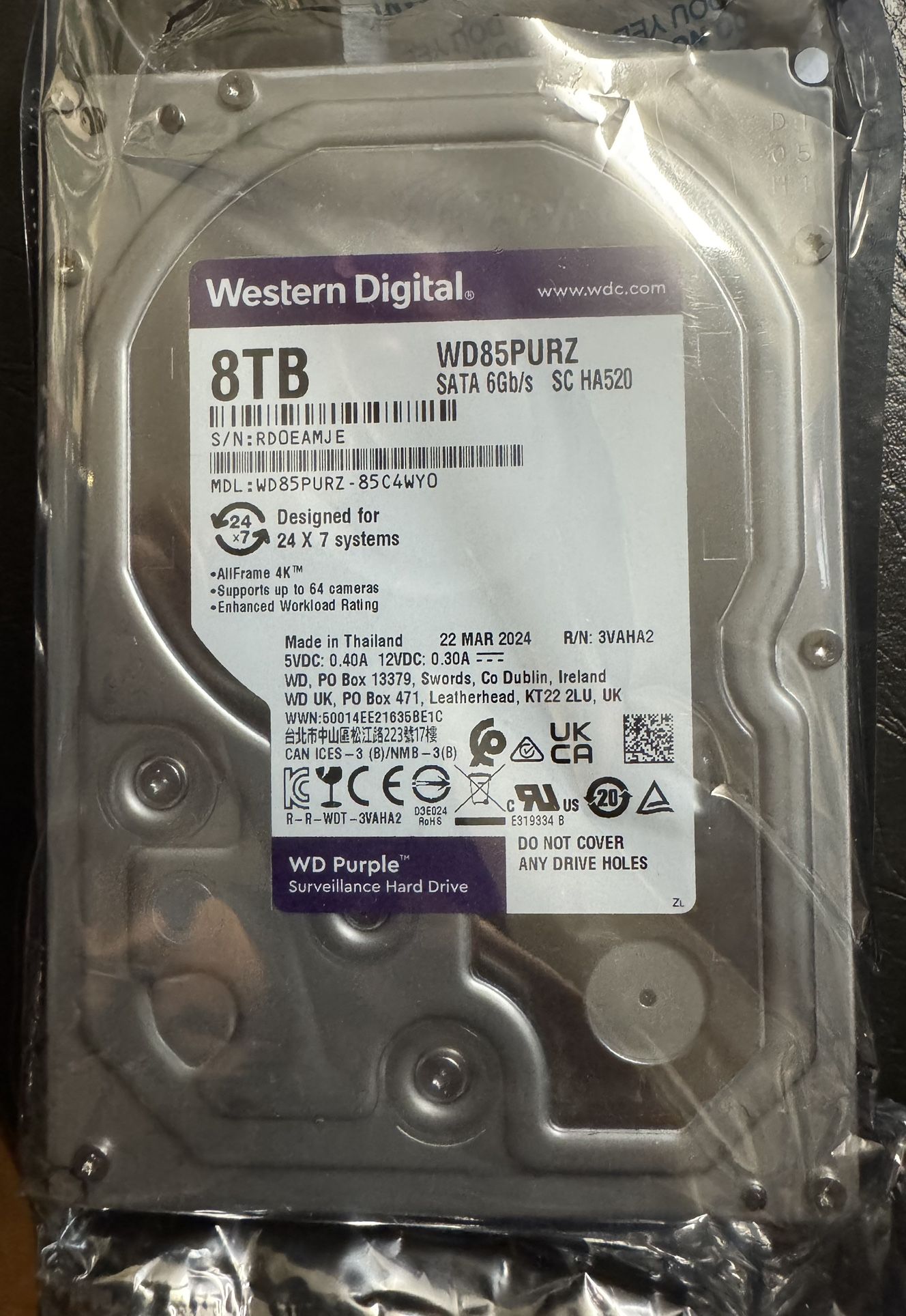 WD Purple 8TB Surveillance Hard Drive (New, Sealed β Ships Fast)