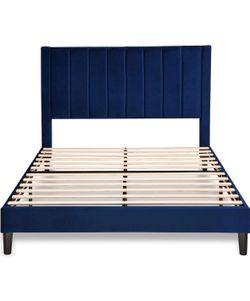Full Size Bed Frame with Blue Velvet Headboard