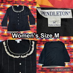 Pendleton Cardigan Sweater Black Long Sleeve Scoop Neck Stitching Women’s Medium